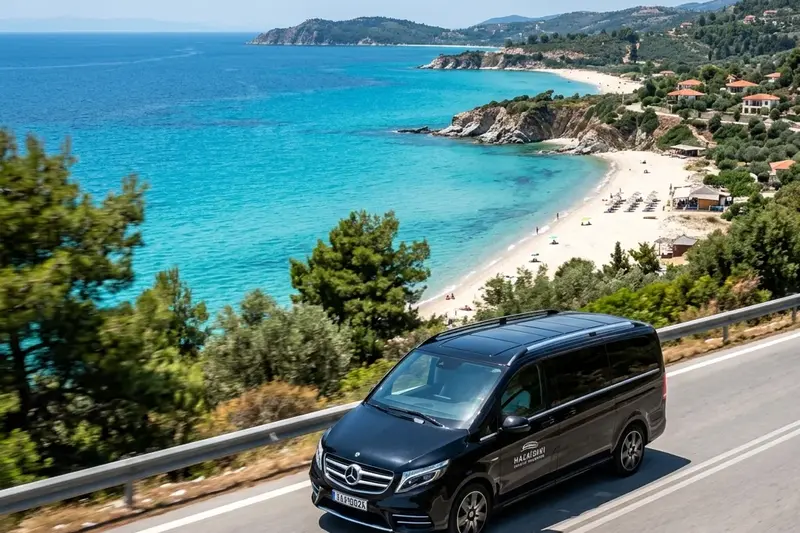 Private transfer vehicles on the road in Greece