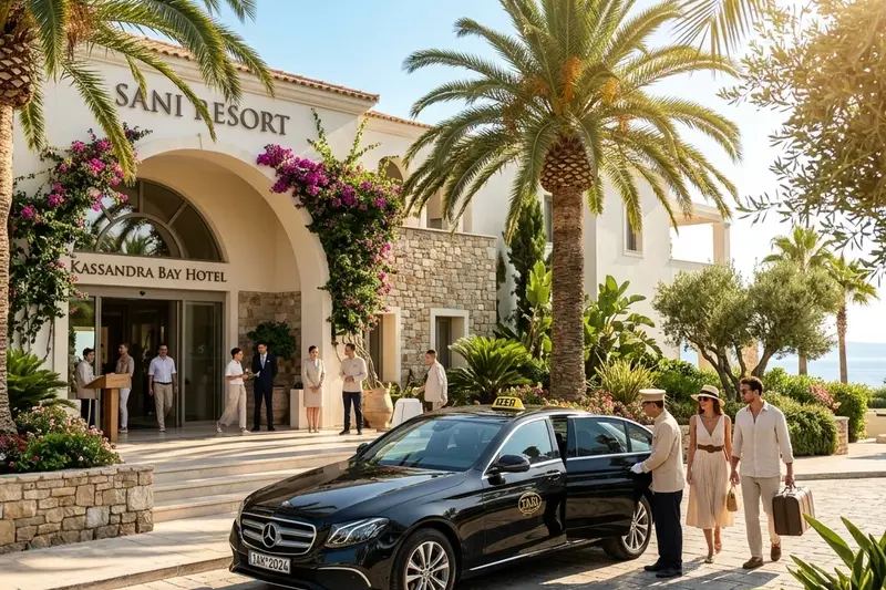 Private taxi transfer to Kallithea beach resort, Kassandra — golden sands and crystal-clear Aegean waters