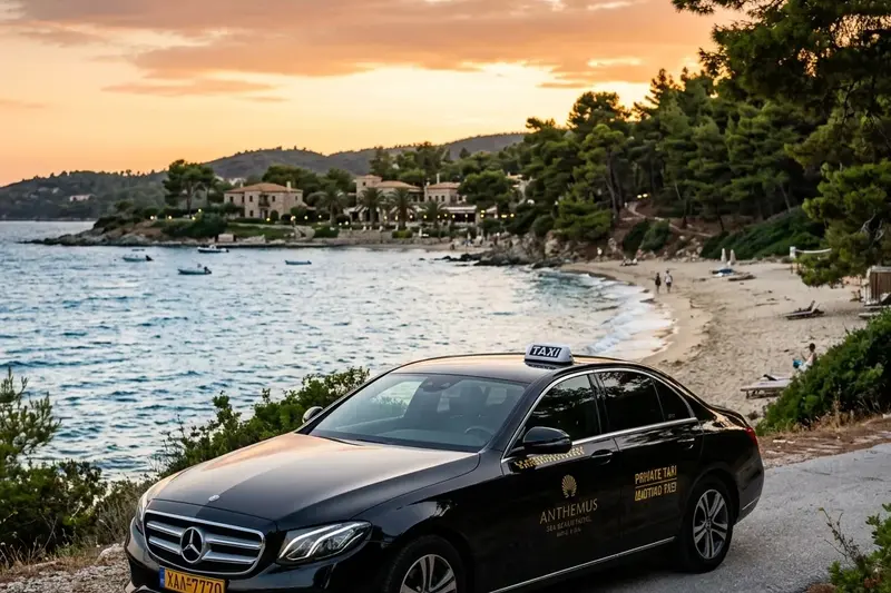 Private taxi Mercedes E-Class parked outside Blue Bay Hotel overlooking Toroneos Gulf in Afitos