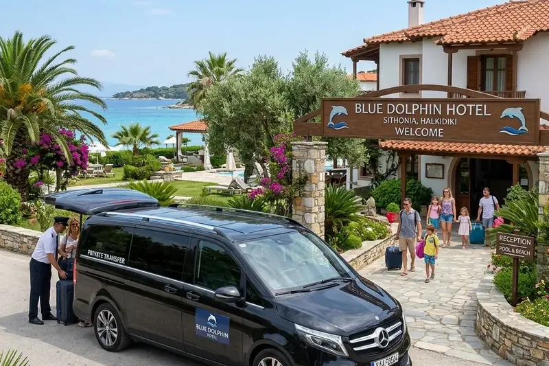 Mercedes V-Class private minivan parked outside the resort area of Blue Dolphin Hotel in Sithonia