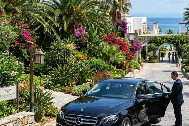Mercedes E-Class private transfer parked at Thassos Island (Ferry Ports) lobby entrance in Kassandra, Halkidiki
