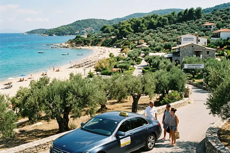 Private transfer Mercedes E-Class taxi near the olive grove of Lagomandra Beach Hotel in Sithonia