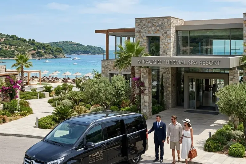 Private transfer Mercedes E-Class taxi outside the luxury Miraggio Thermal Spa Resort in Kassandra