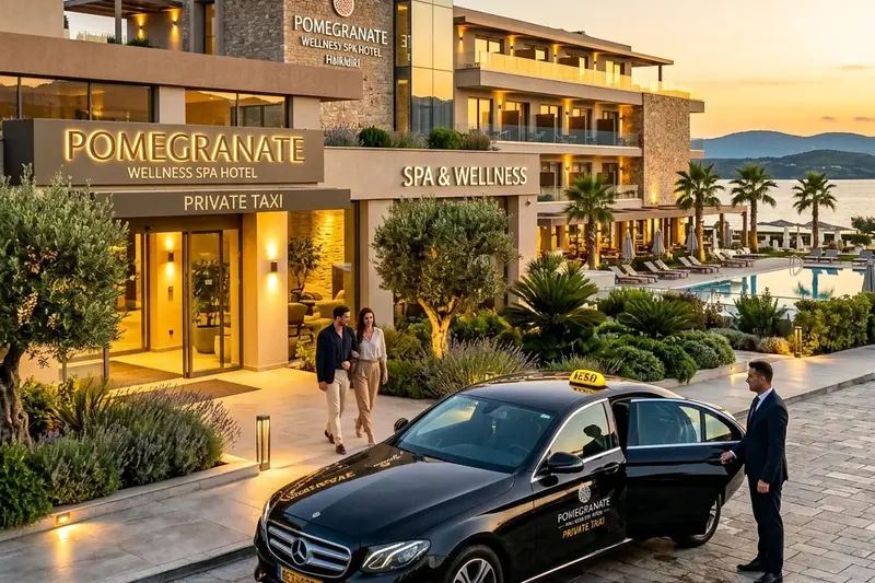 Mercedes E-Class private taxi parked outside the modern spa building of Pomegranate Wellness Spa Hotel in Halkidiki