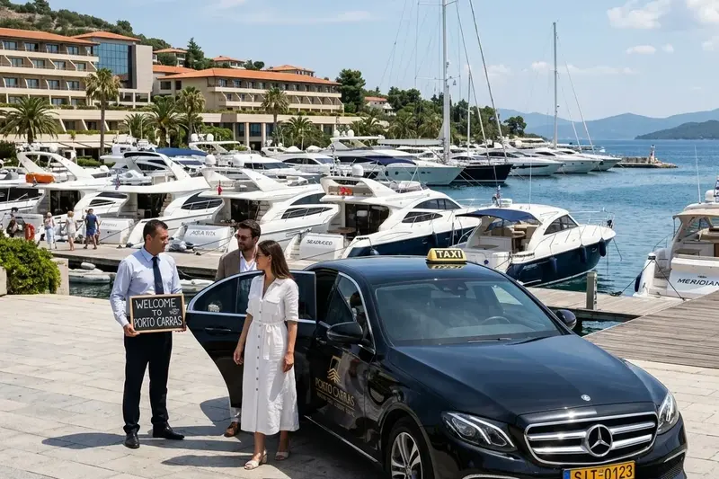 Mercedes V-Class private taxi parked at the marina entrance of Porto Carras Meliton in Sithonia