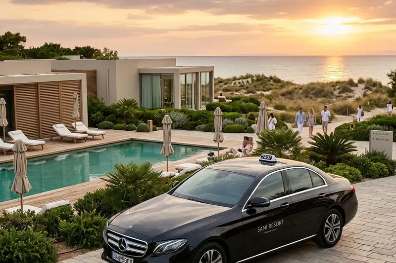 Luxury sedan private taxi at the modern entrance of Sani Dunes Hotel in Kassandra